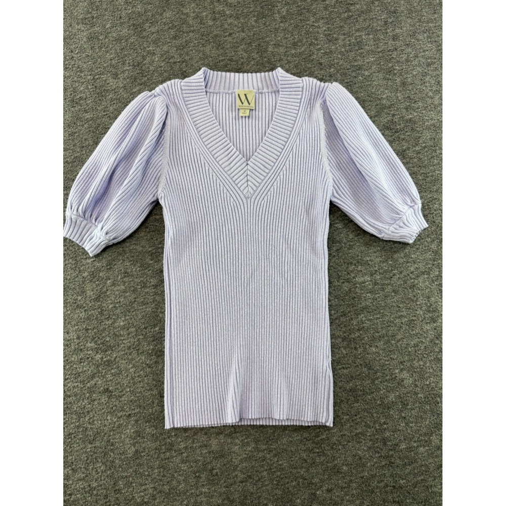 Worthington Lavender Ribbed V-Neck Puff Sleeve Knit Top Lavender Purple Medium